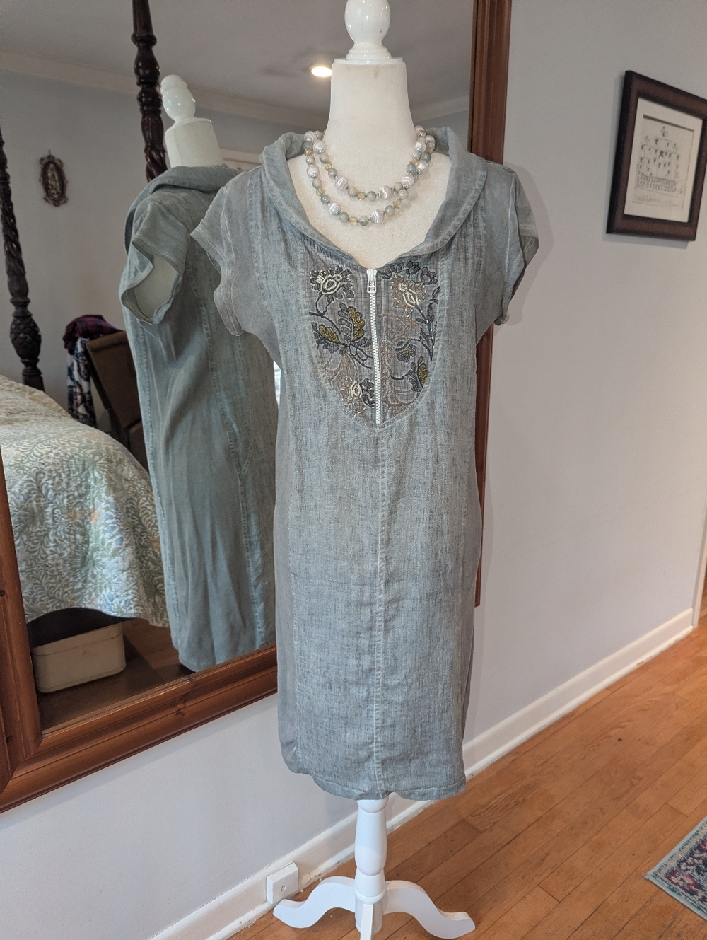 Cotton/Linen Angel Never Die Light Gray Embroidered Dress
